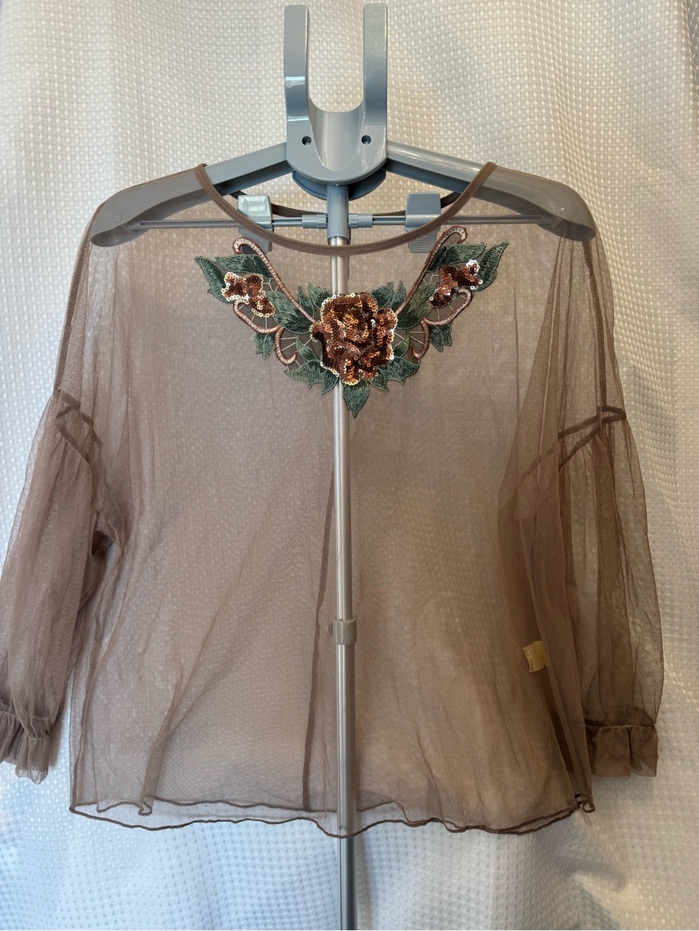 Sequin Floral Appliqué Sheer Brown Women's Top